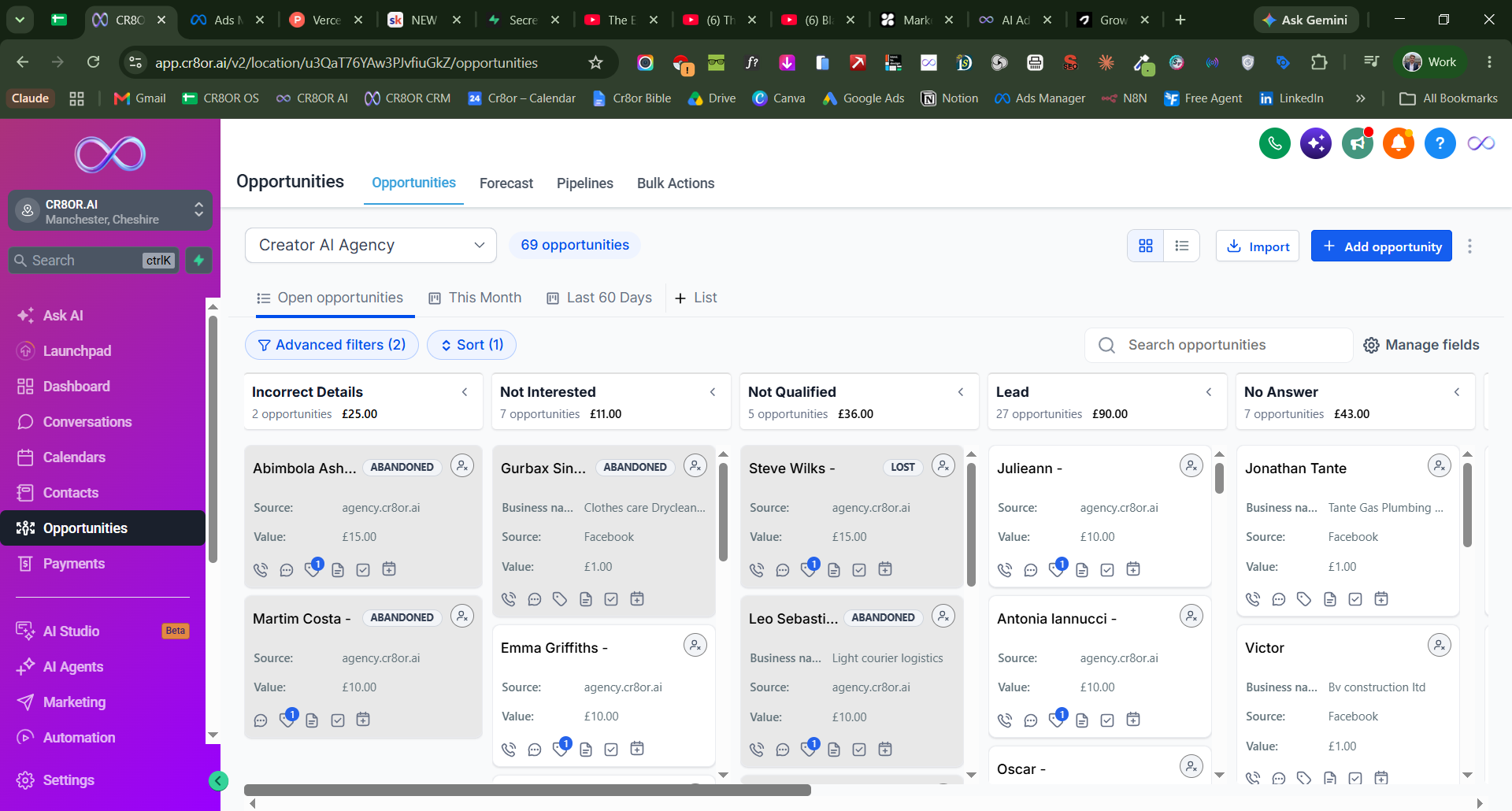 Touch CRM branded workspace showing sales pipelines and opportunities