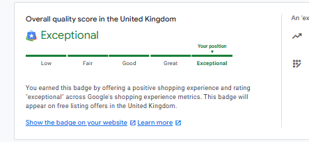 Google Merchant Centre exceptional store quality rating